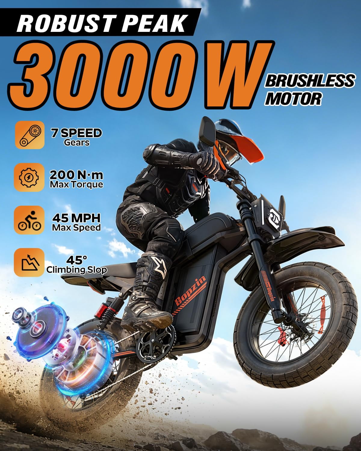 3000W Off-Road Electric Motorcycle, 60 Miles Long Range, 48V 30Ah Battery, 14 Fat Tire Trail Bike for Teens UL2849 Certified