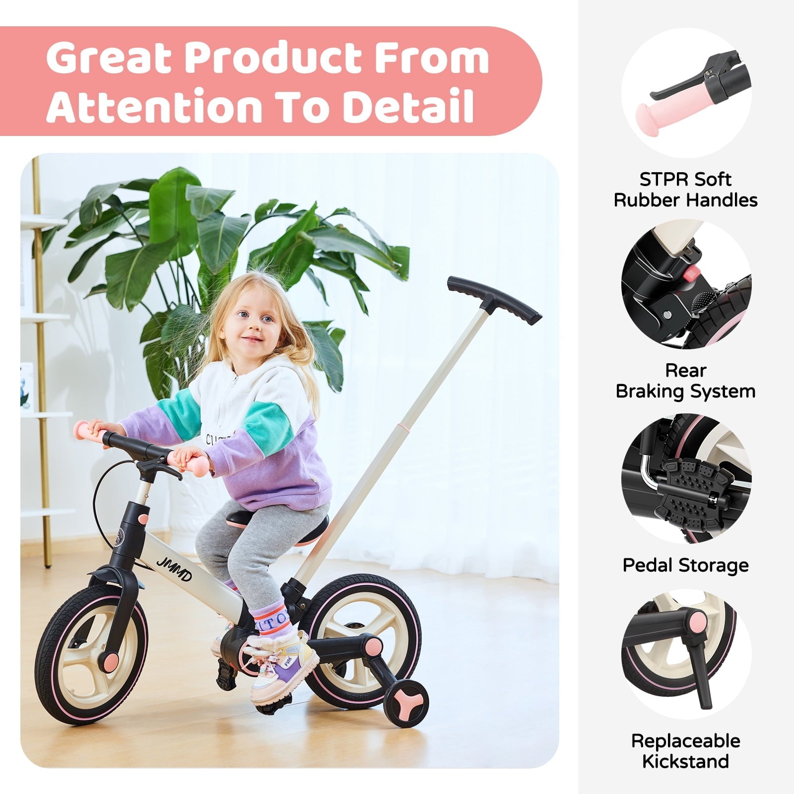 JMMD Toddler Bike with Push Handle for Kid 18-60 Months, 6 in 1 Foldable Tricycle with Training Wheel, Pedals, Kid Balance Bike for Boy & Girl, Black
