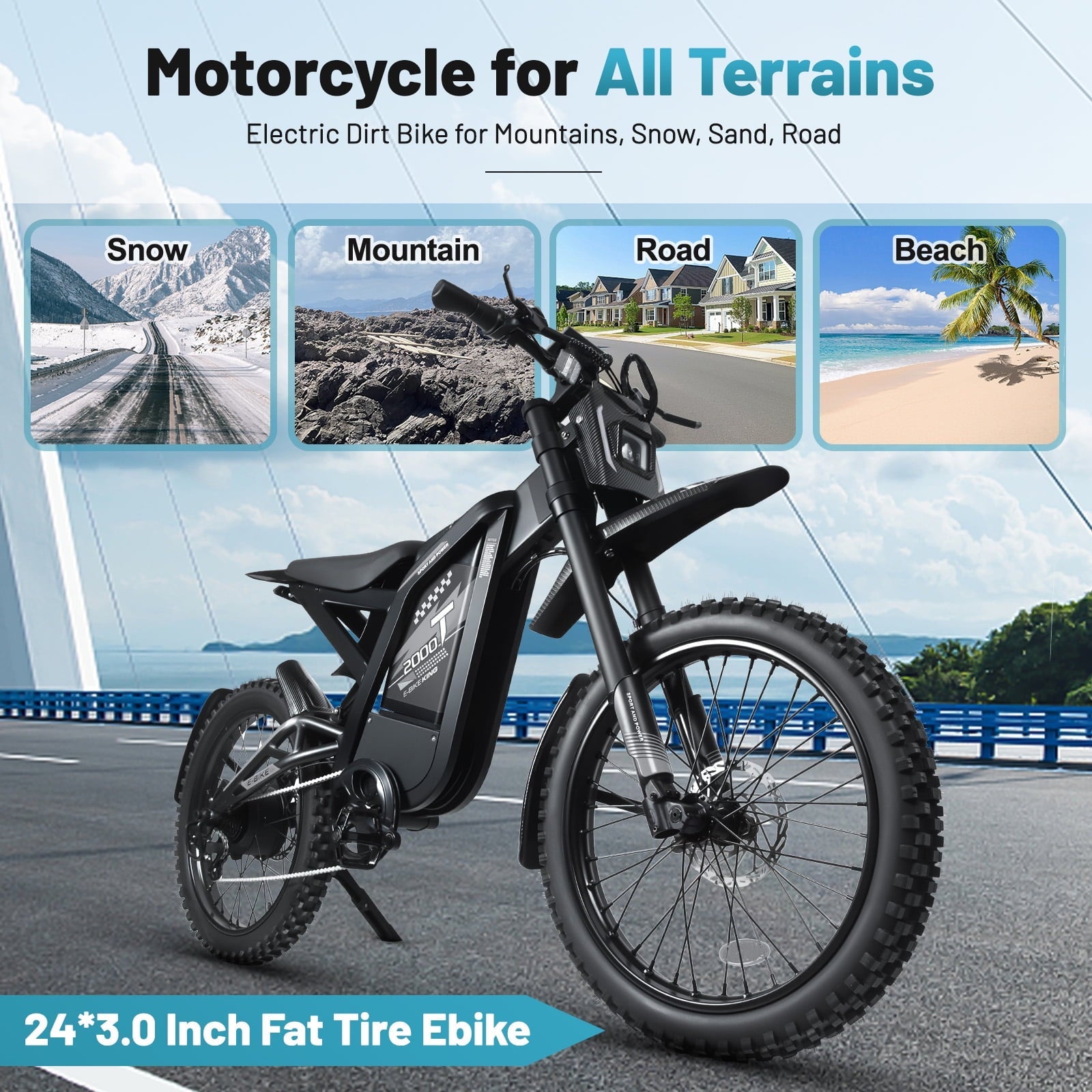 VTOKW T2000 Electric Dirt Bike for Adults,3000W Peak Electric Motorcycle 37MPH 48V 30Ah Battery,85+Miles Electric Bike,24 Fat Tire Ebike,Dual Hydraulic Brakes Mountain Bike,Full Suspension,UL2849