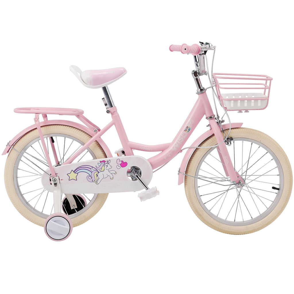 16/18 Inch Bike Kids Bicycle with Basket, Girls Bikes Ages 5-10, Kids Bicycles with Front and Rear Brakes, Kid Bike with Training Wheels, Kickstand, Rear Seat
