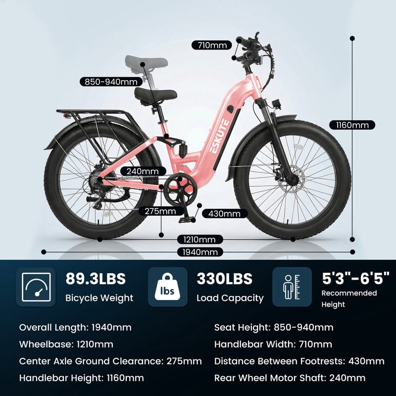 ESKUTE C300 1500W Electric Bike for Adults, 48V 20.8Ah Battery, 32MPH, 80 Miles Range, 26x4.0 Fat Tire Step-Thru Ebike, Full Suspension Electric Bicycle, 8-Speed Pink, UL2849