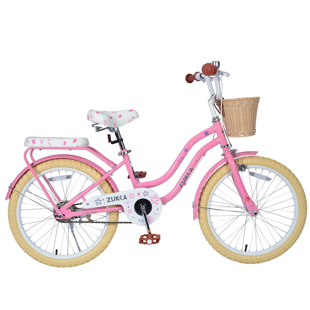 Dolonm 20 Kids Bike for Ages 7-10, Lightweight High-Carbon Steel Frame Cruiser Bicycle, Girls Bike with Wicker Basket, Rear Seat Rack, No Training Wheels, Pink