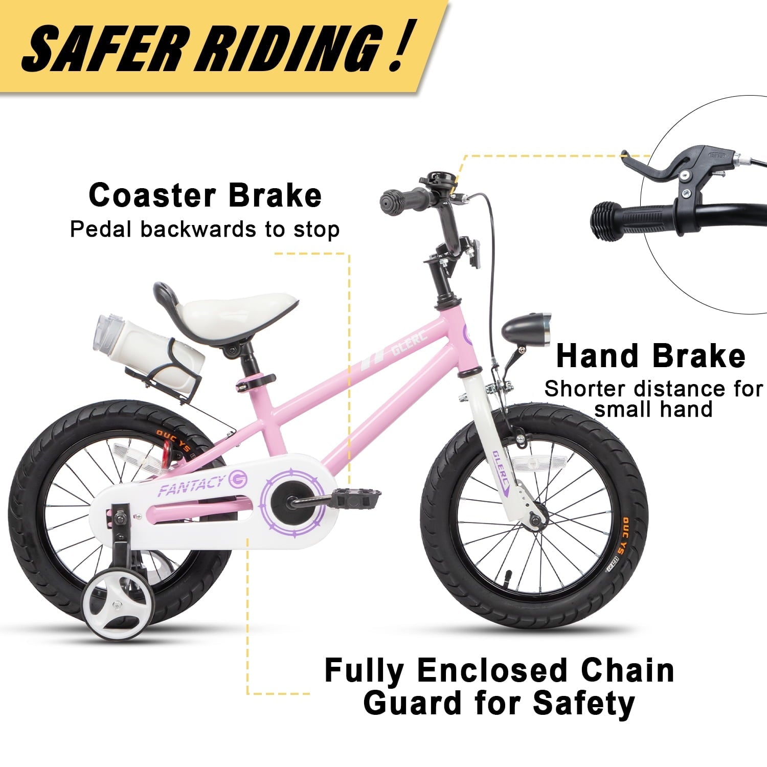 Glerc 14 inch Kids Bike for Child 3-5 Year old Boys Girls with Water Bottle Holder & Headlight & Training Wheels, Black