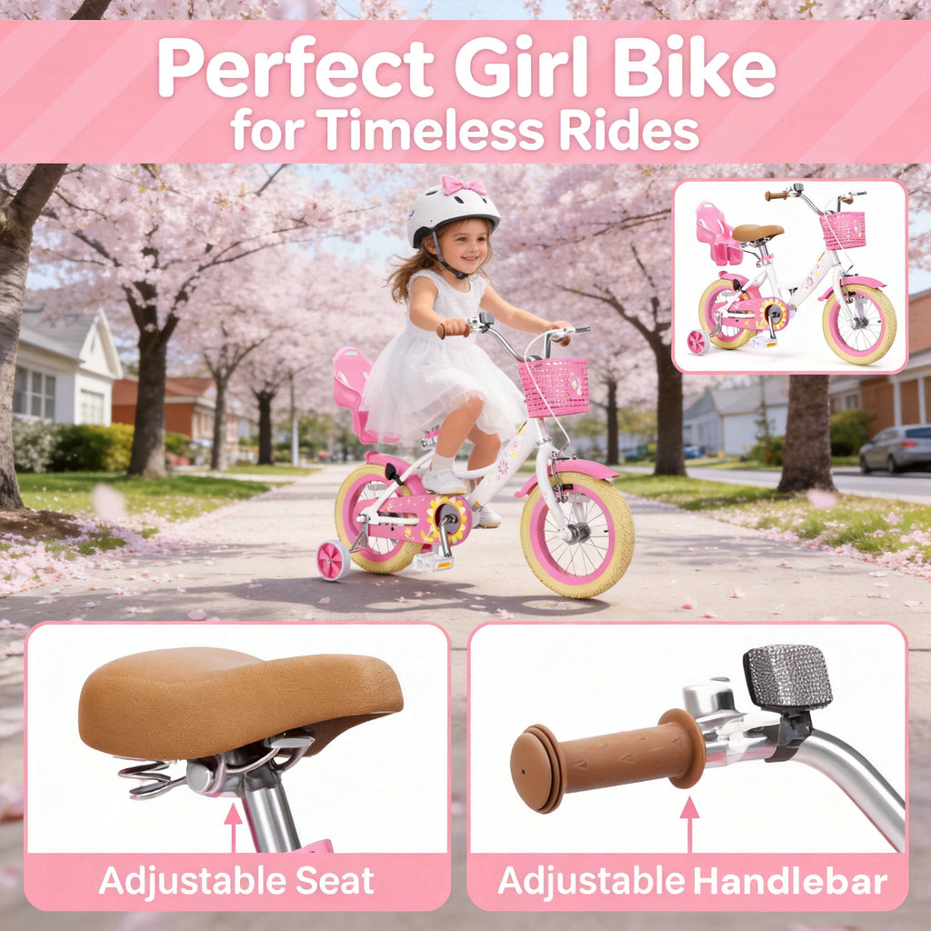 KORIMEFA Bikes for Girls 3-6 Years Old Toddlers, 12 inch Girls Bike with Training Wheels, Basket and Doll Seat, Children Bicycles with Handbrake, White