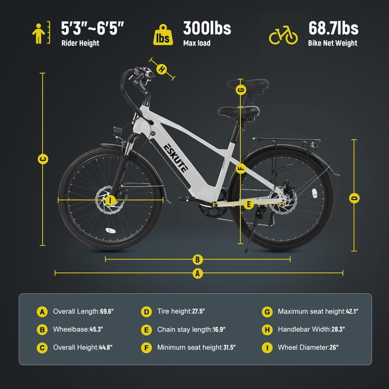 ESKUTE C200 70-Mile Electric Bike for Adults with 840Wh Removable Battery, 1300W Peak Power Ebike, Up to 28MPH Speed, 26 Tires, 7-Speed Adjustable Stem Step-Over E-Bicycle,Orange, UL2849