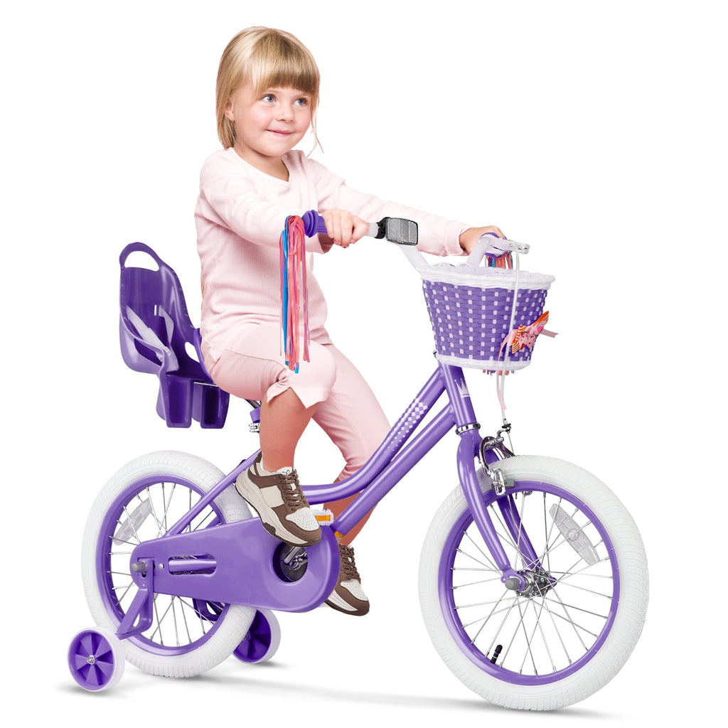 XJD Girls Bike for Toddlers 3-9 Years Old Kids, 16 Inch Kids Bike with Training Wheels, Streamers, Basket and Doll Seat, Children Bicycles with Handbrake