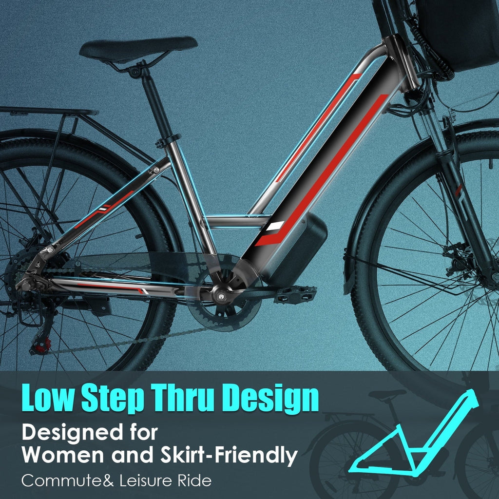 Elifine 500W Electric Bike for Adults, 26 Commuter Electric Bicycle 19.8mph City Ebike with 5 Riding Modes, 48V 7.8Ah Removable Battery UL 2849, LCD Intelligent Display Hybrid Electric Bike Red