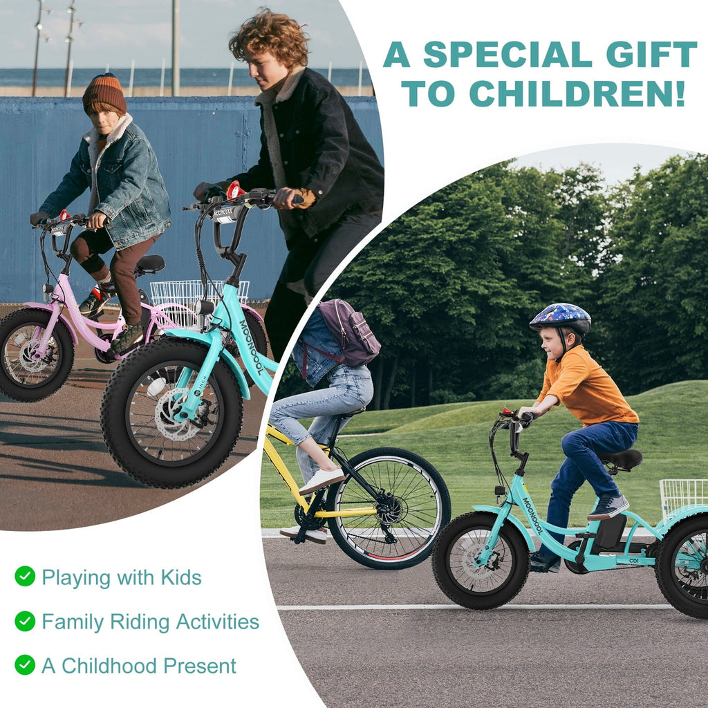 MOONCOOL Electric Tricycle for Kids ,16x3 3 Wheel 250W 10.4Ah Etrike W/ LED headlight & Rear Basket & horn bell & DIY stickers .6/9/12.5 MPH