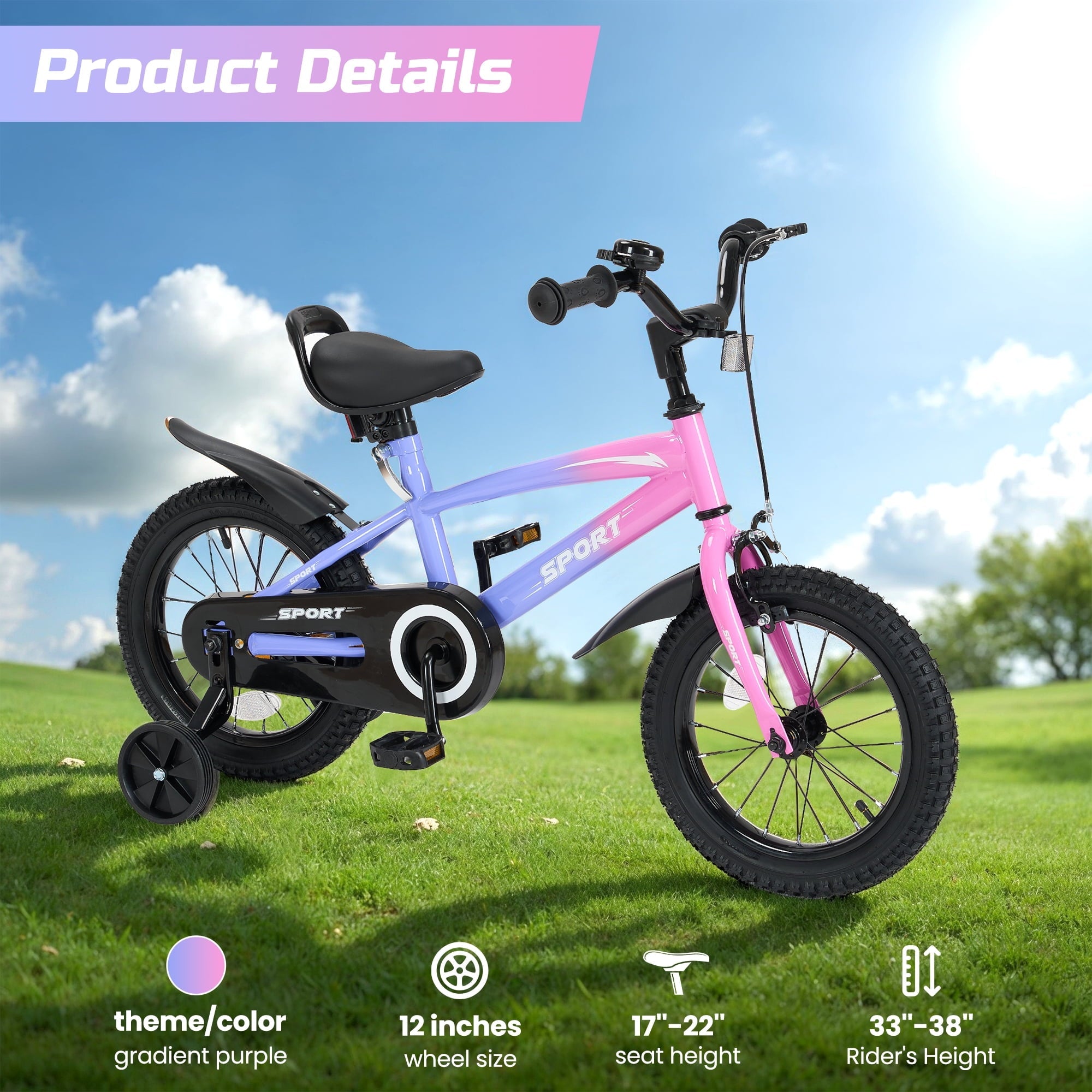 Naipo 12 in Kid Bike for Boys and Girls Gradient Purple Bicycle with Training Wheels Bell and Dual Brakes