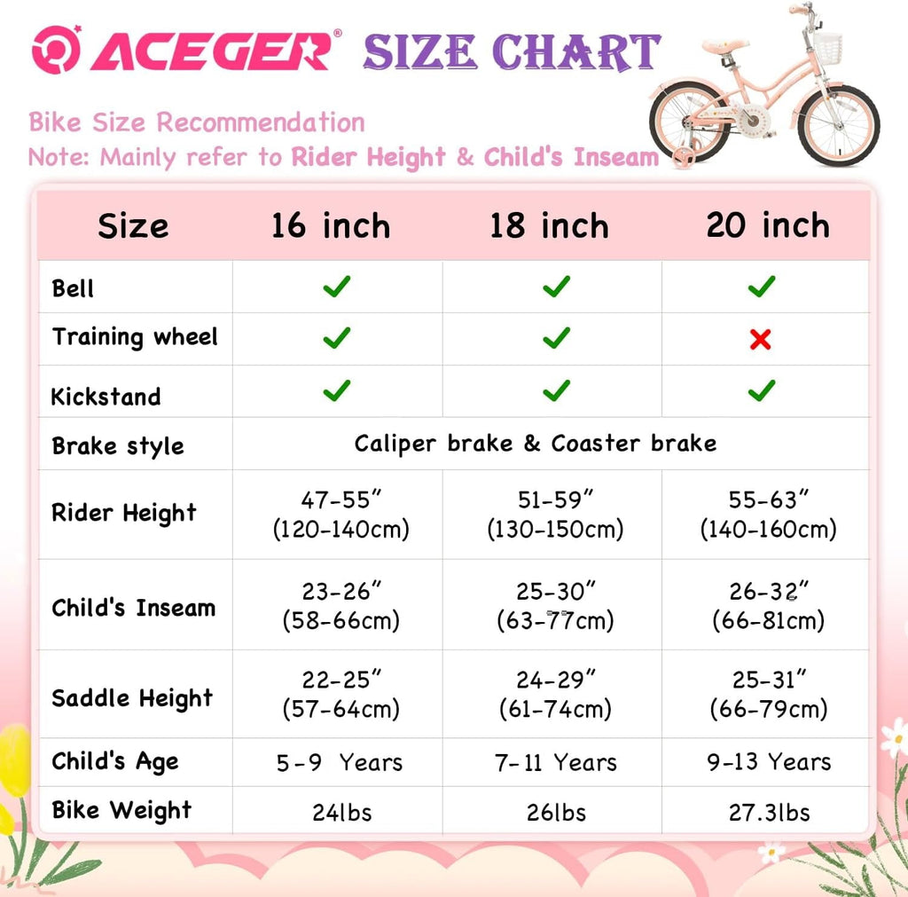 ACEGER 16 Inch Bike with Basket and Training Wheels for Girls Ages 5-9, Pink