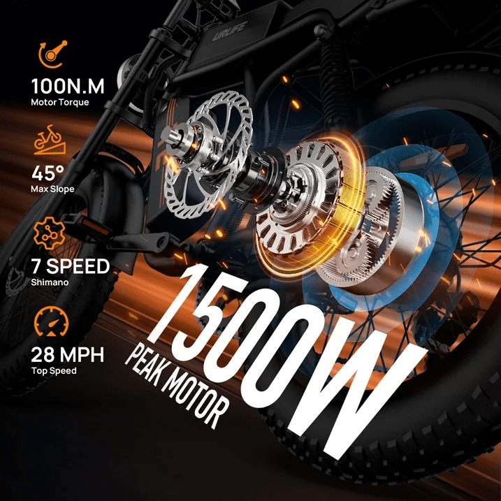 URLIFE 1500W Electric Bike for Adults,204.0 Fat Tire Ebike,48V 15.6Ah Removable Battery,7-Speed E-Mountain Bikes,All-Terrain Off-Road Electric Bicycle,UL2849 Certified(Black)