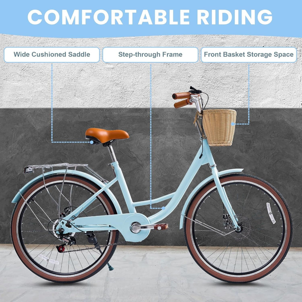 24 Beach Cruisers for Women, Pipleo Bikes for Women with Rattan Basket, 7-Speed & Step-Through Frame