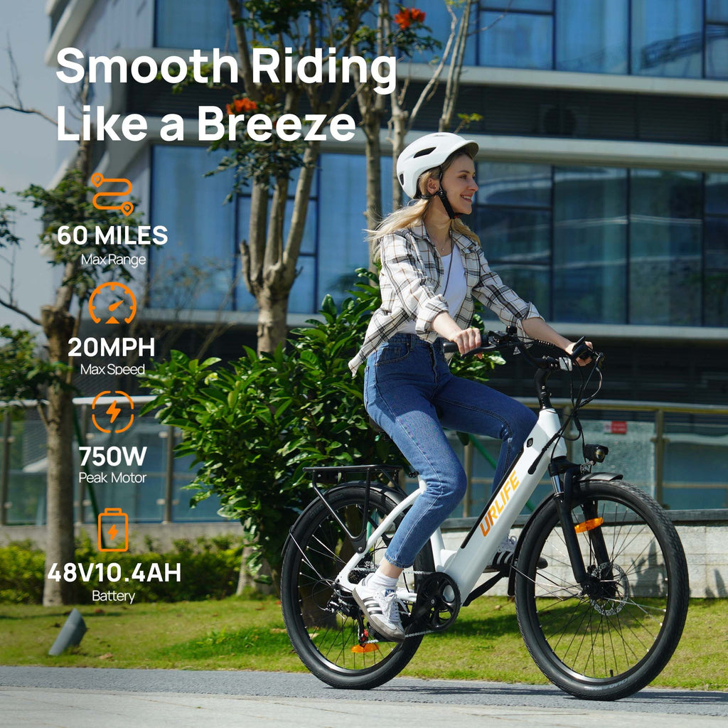 URLIFE 26 Electric Bike for Adults,750W Peak Motor,48V 10.4Ah Removable Battery, 60 Miles Range, 7-Speed City Commuter Ebike,UL2849-White