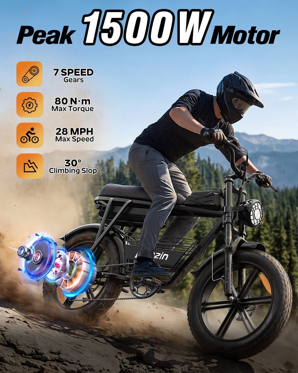 Bopzin Electric Bike for Adults, Peak 1500W App & Anti-Theft, 48V/25Ah, 20x4.0 Fat Tire Ebike, UL2849 E-Mountain Bike