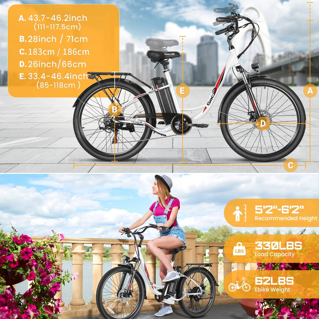 Gocio 26 Electric Bike for Adults, 500W Motor, City Commuter E-Bike, 48V 7.8Ah Removable Battery, Max 19.8Mph, 7 Speed, UL2849