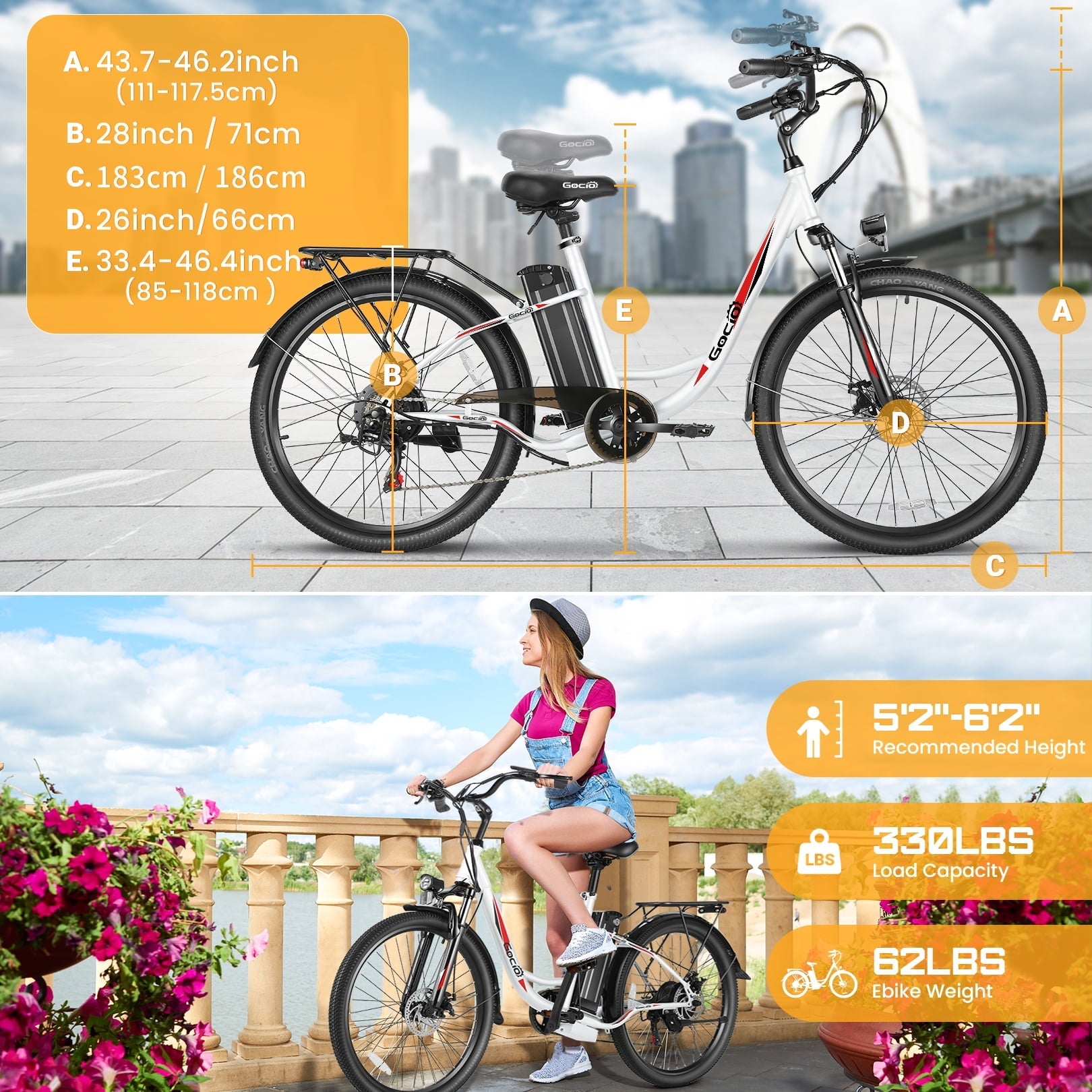 Gocio 26 Electric Bike for Adults, 500W Motor, City Commuter E-Bike, 48V 7.8Ah Removable Battery, Max 19.8Mph, 7 Speed, UL2849