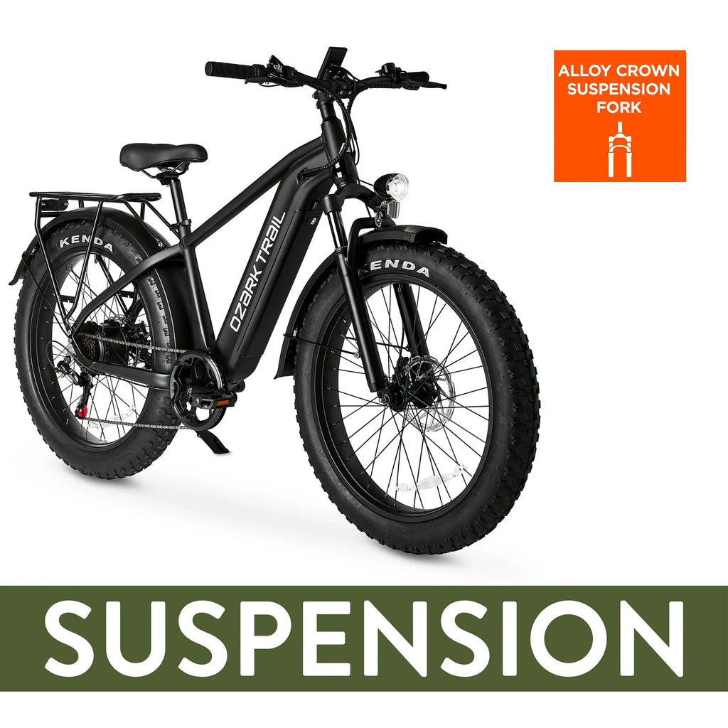 Ozark Trail 26 M.3 Ranger+ Electric Fat Tire Bike, 48V, Class 2, Black, Fits Riders 5'2 - 6'1, Adult, Unisex