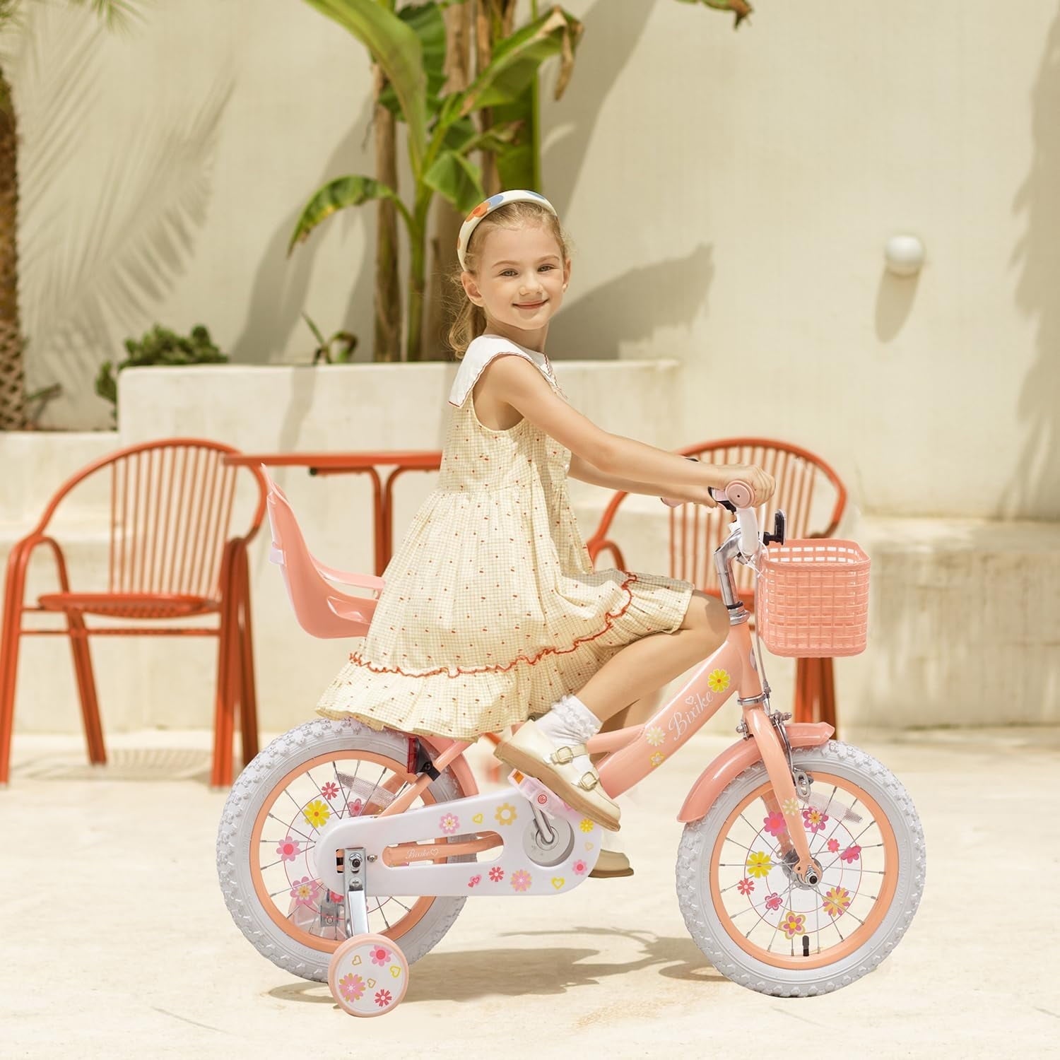 ACEGER 14 Inch Girls Bike with Basket, Training Wheels, Doll Seat, Purple Kids Bicycle for Ages 3-5