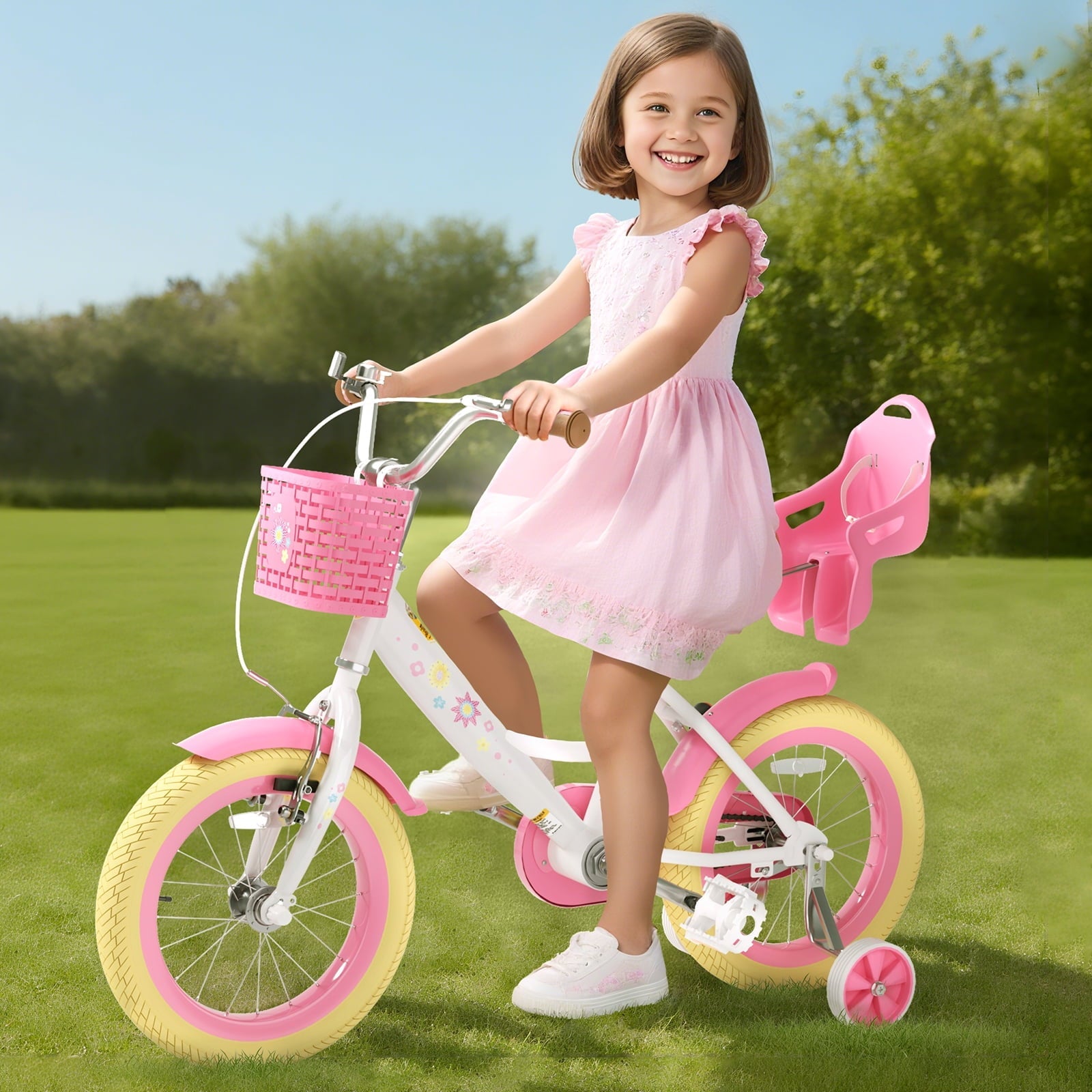 Korimefa Girls Bike for 3-9 Years Old Kids, 12 14 16 inch Kids Bike with Training Wheels, Basket and Doll Seat, Children Bicycles with Handbrake, Pink