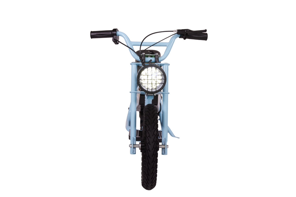 Droyd Weeler Electric Mini Bike - 24V 8Ah Battery, 6-10 MPH, Up to 8 Miles, LED Lights, Kids Ages 6+ - Blue