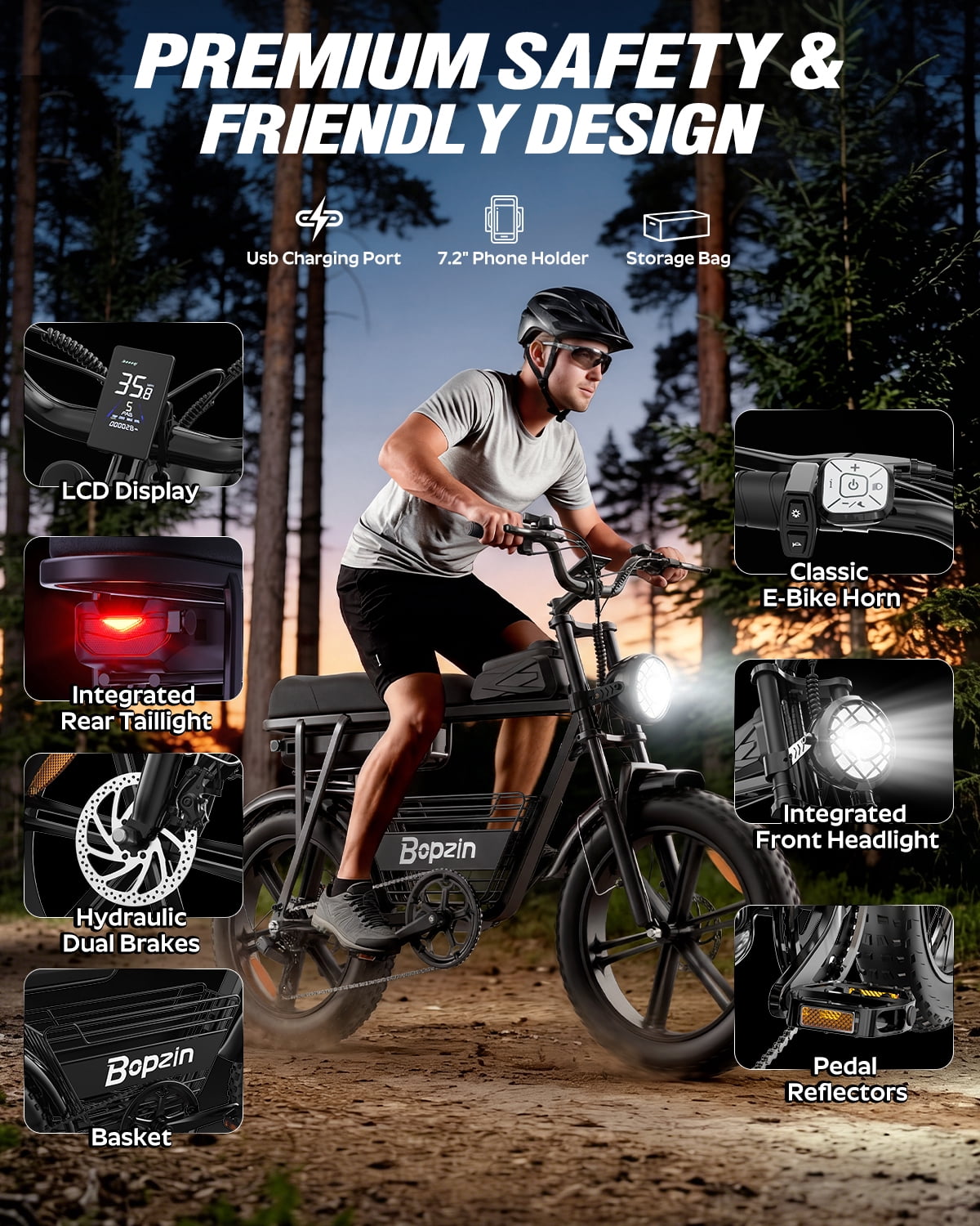Bopzin Electric Bike for Adults, Peak 1500W App & Anti-Theft, 48V/25Ah, 20x4.0 Fat Tire Ebike, UL2849 E-Mountain Bike