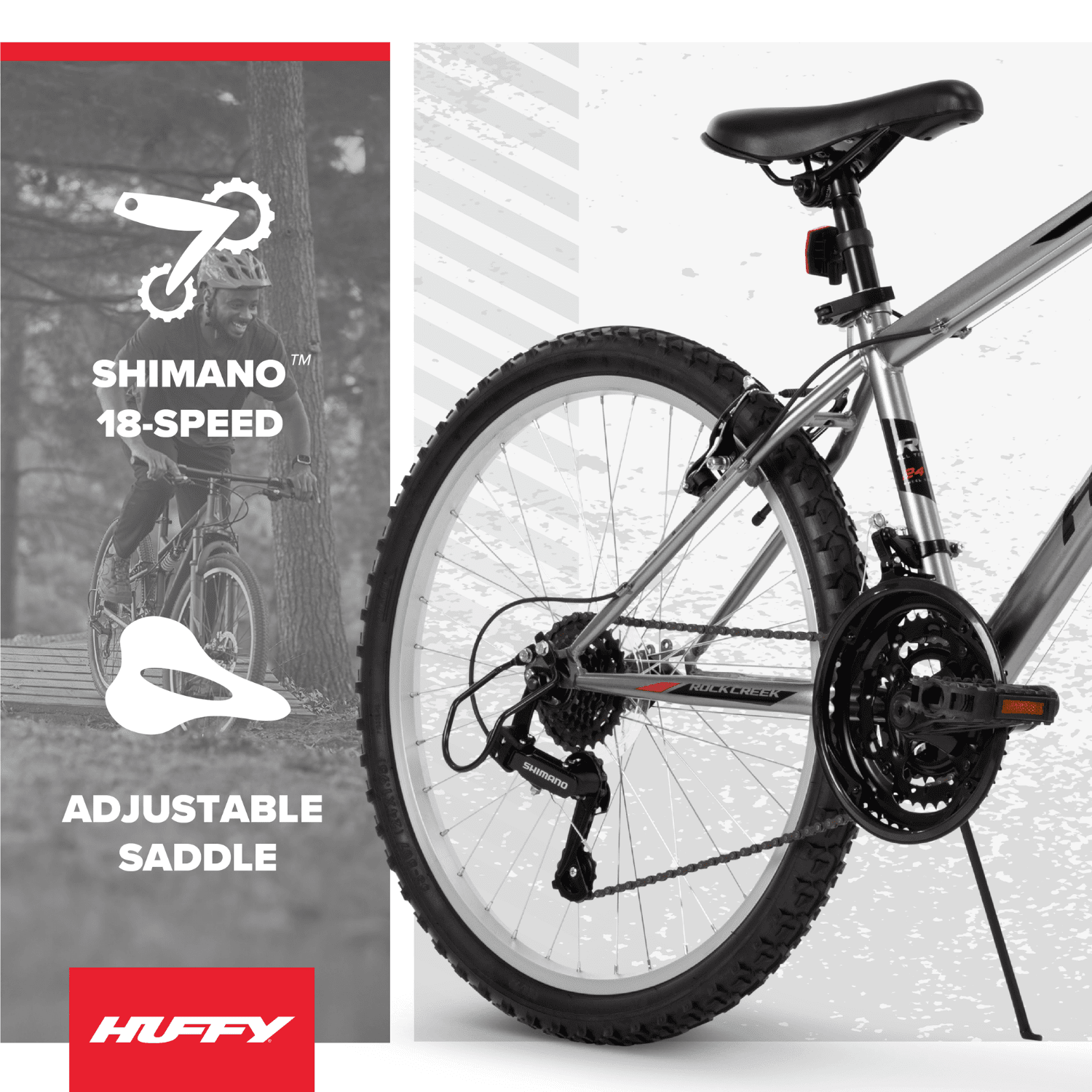 Huffy 24” Rock Creek Mountain Bike, Fits Riders 58” - 70”, Gray, Youth, Boy's