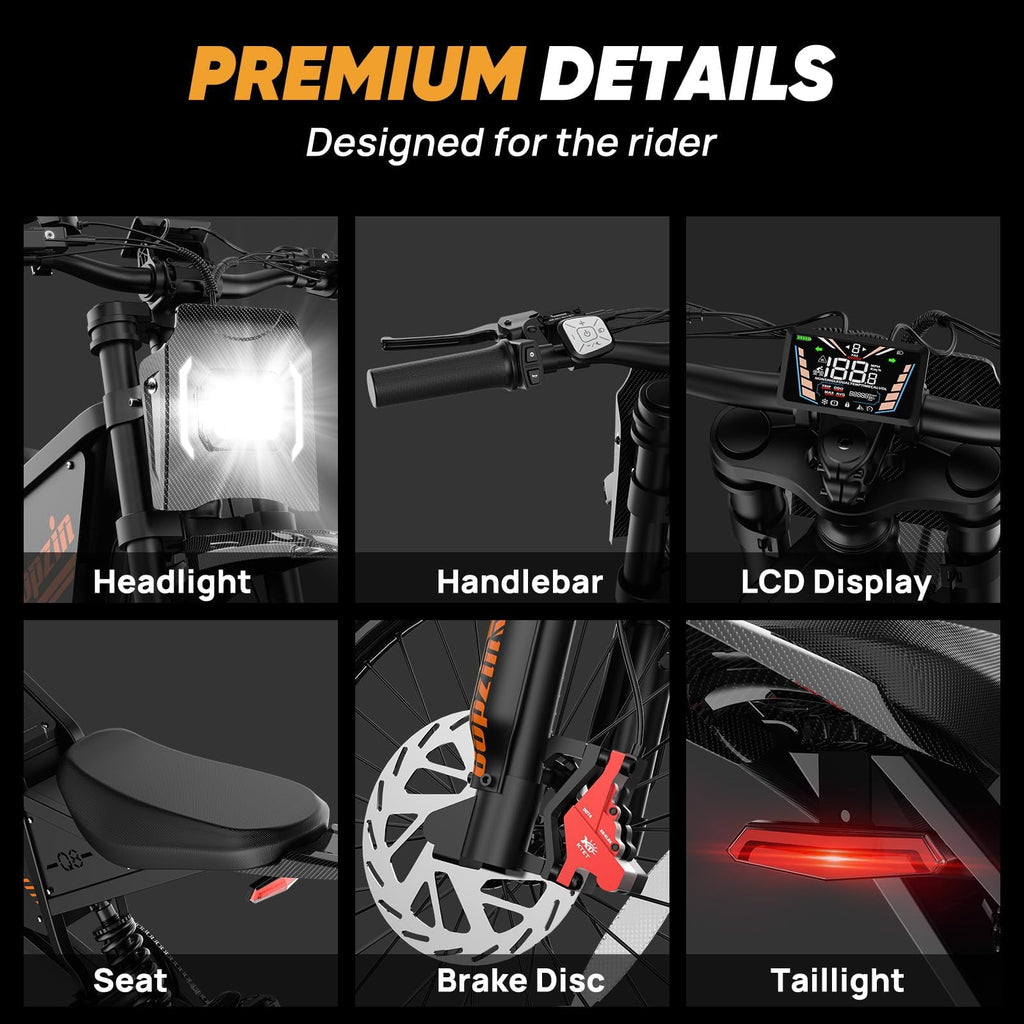 Bopzin Electric Dirt Bike for Adults, Smart App Anti-Theft, 60V 25Ah Up to 100 Miles, 3000W 20x3.0 Fat Tire Electric Bike UL2849