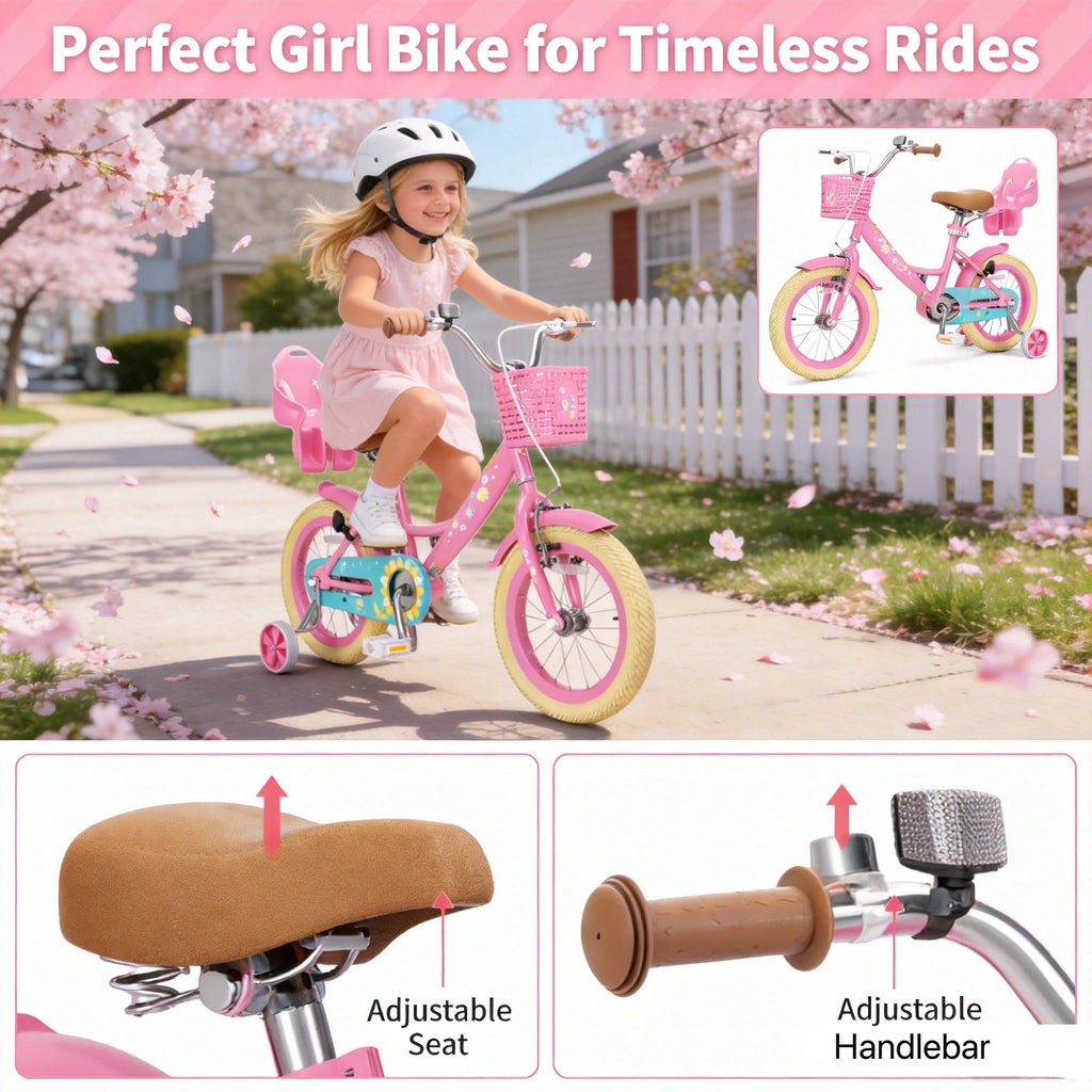 KORIMEFA Bikes for Girls 3-6 Years Old Toddlers, 12 inch Girls Bike with Training Wheels, Basket and Doll Seat, Children Bicycles with Handbrake, White