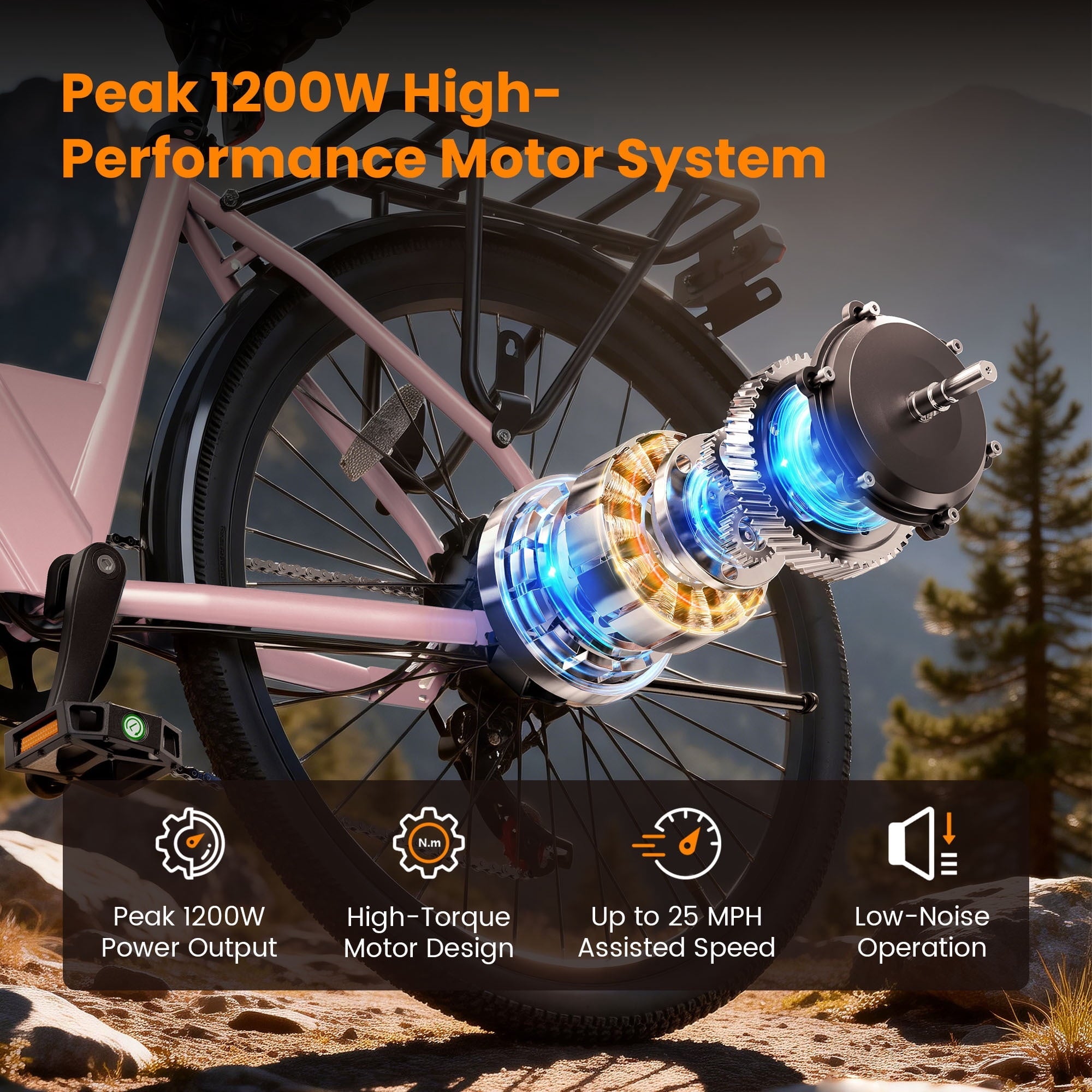 Actbest 26 Electric Bike for Woman, Peak 1200W Motor, 48V 15Ah Battery , 7-Speed, Front Suspension & LCD Display, Wide saddle suitable for women riders, Mountain EBike for Adults
