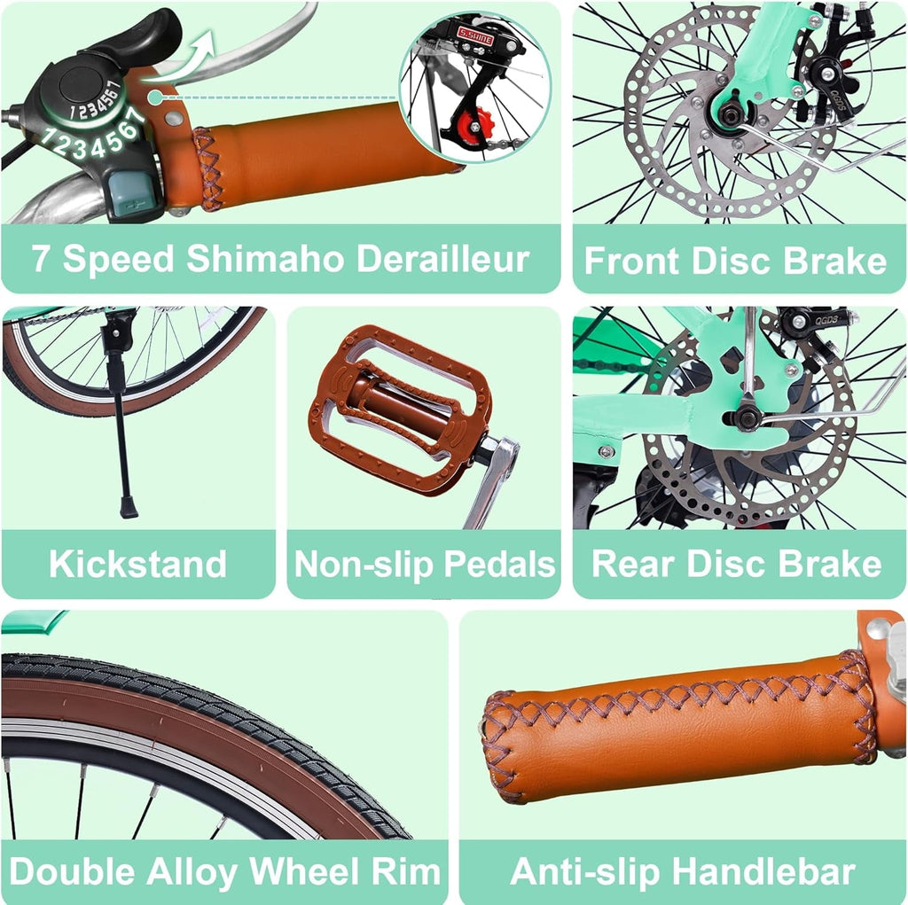 24 Beach Cruisers for Women, Pipleo Bikes for Women with Rattan Basket, 7-Speed & Step-Through Frame