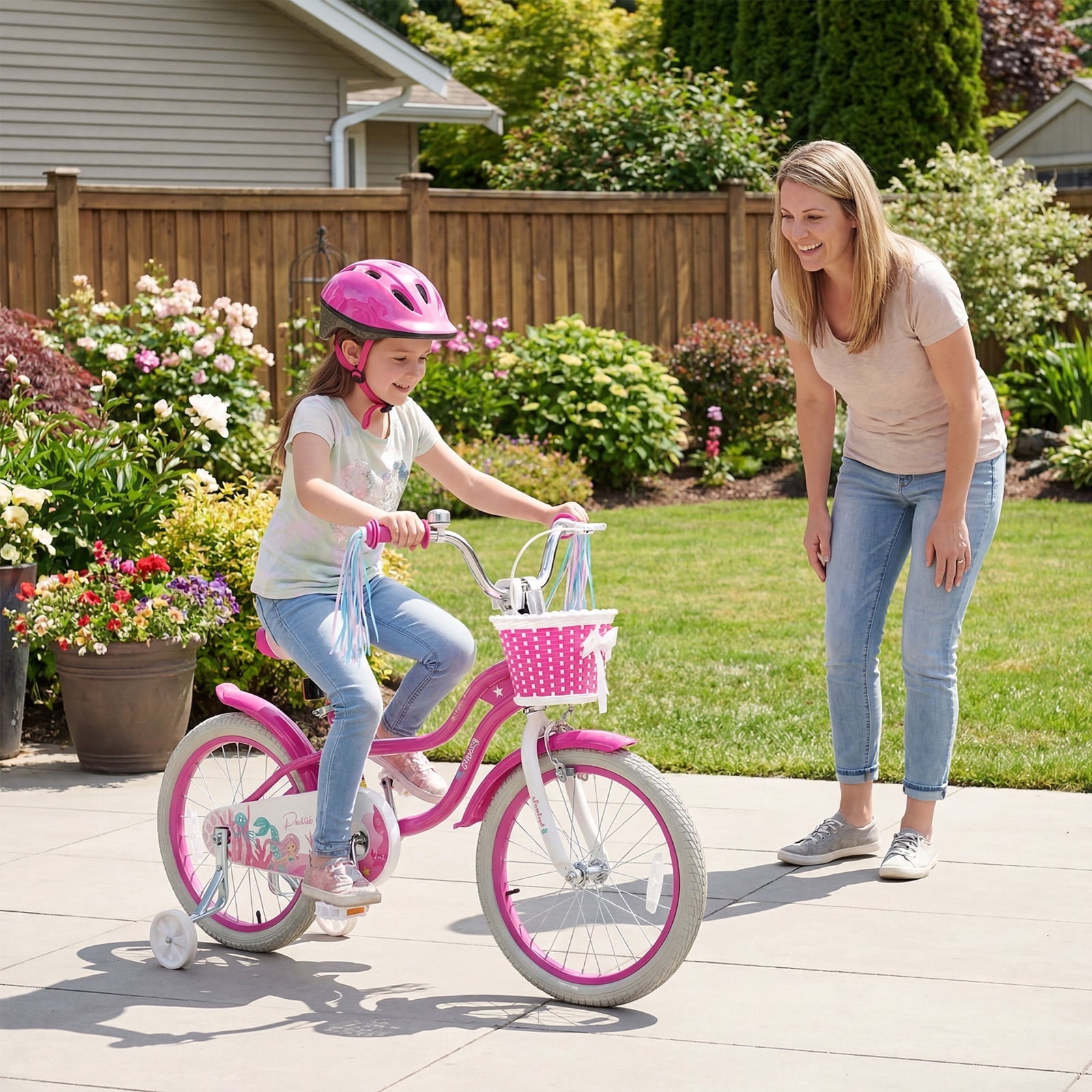 Costway 14 Kids Bike with Training Wheels Hand Coaster Brakes Adjustable Seat Handlebar Pink
