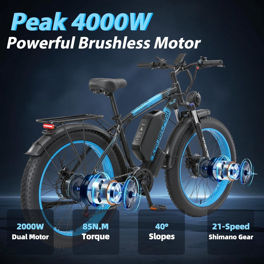 KETELES Adults Dual Motor Electric Bike, Peak 4000W 26 Inch Fat Tire Electric Mountain Bike, 48V 22.4AH Removable Battery, Dual Hydraulic Brakes 21-Speed Ebike