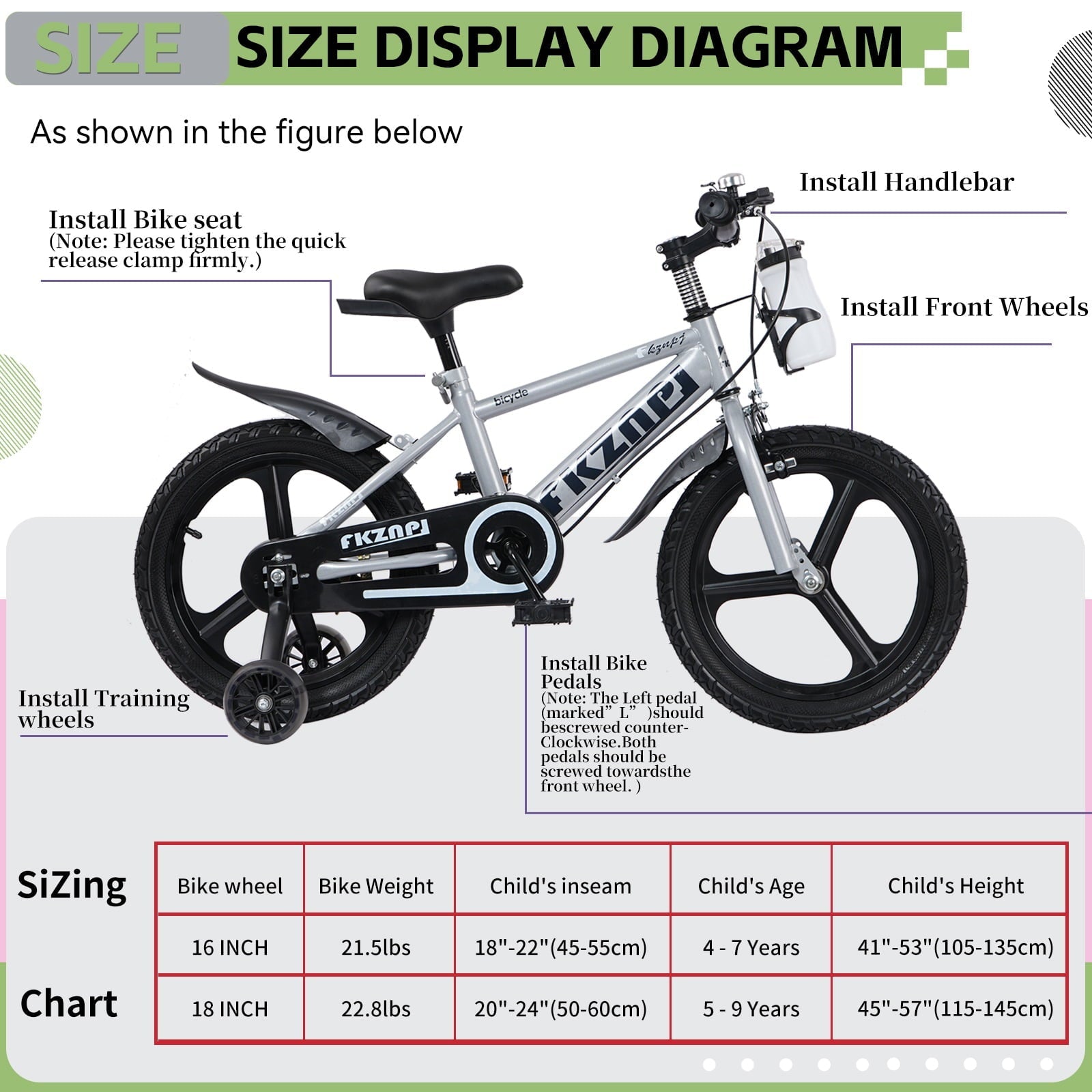 18 inch Kids Bike for Boys and Girls, SHINPT Kids Bicycle with Training Wheels, Bicycle for Kids Ages 5-9 , 18 Boys Bike with Adjustable Saddle&Handlebar, Girls Bike for Kids for Outdoor, Park
