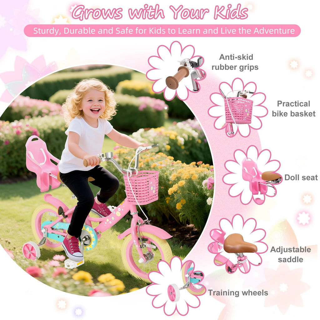 Korimefa Girls Bike for 3-9 Years Old Kids, 12 14 16 inch Kids Bike with Training Wheels, Basket and Doll Seat, Children Bicycles with Handbrake, Pink