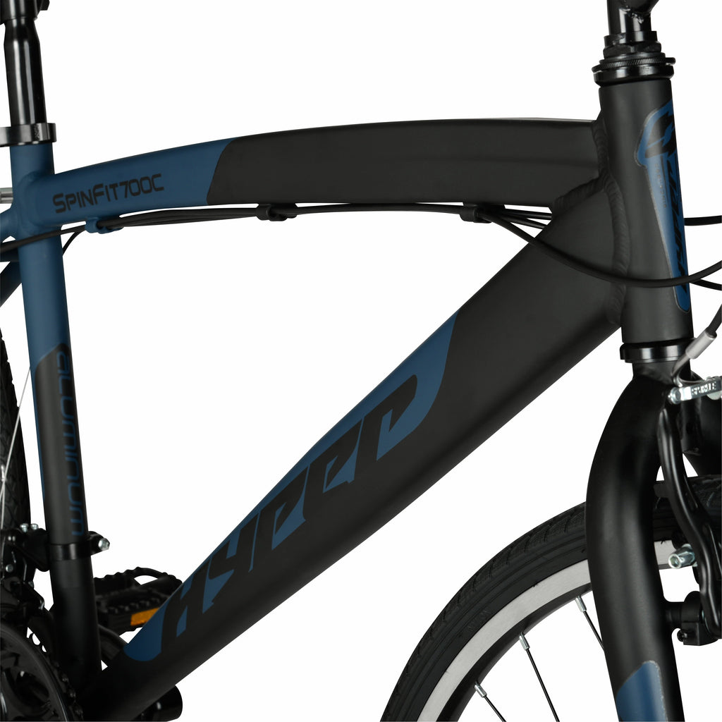 Hyper Bicycles 700c Men's Spin Fit Hybrid Bike, Adults Ages 14+, Black/Blue