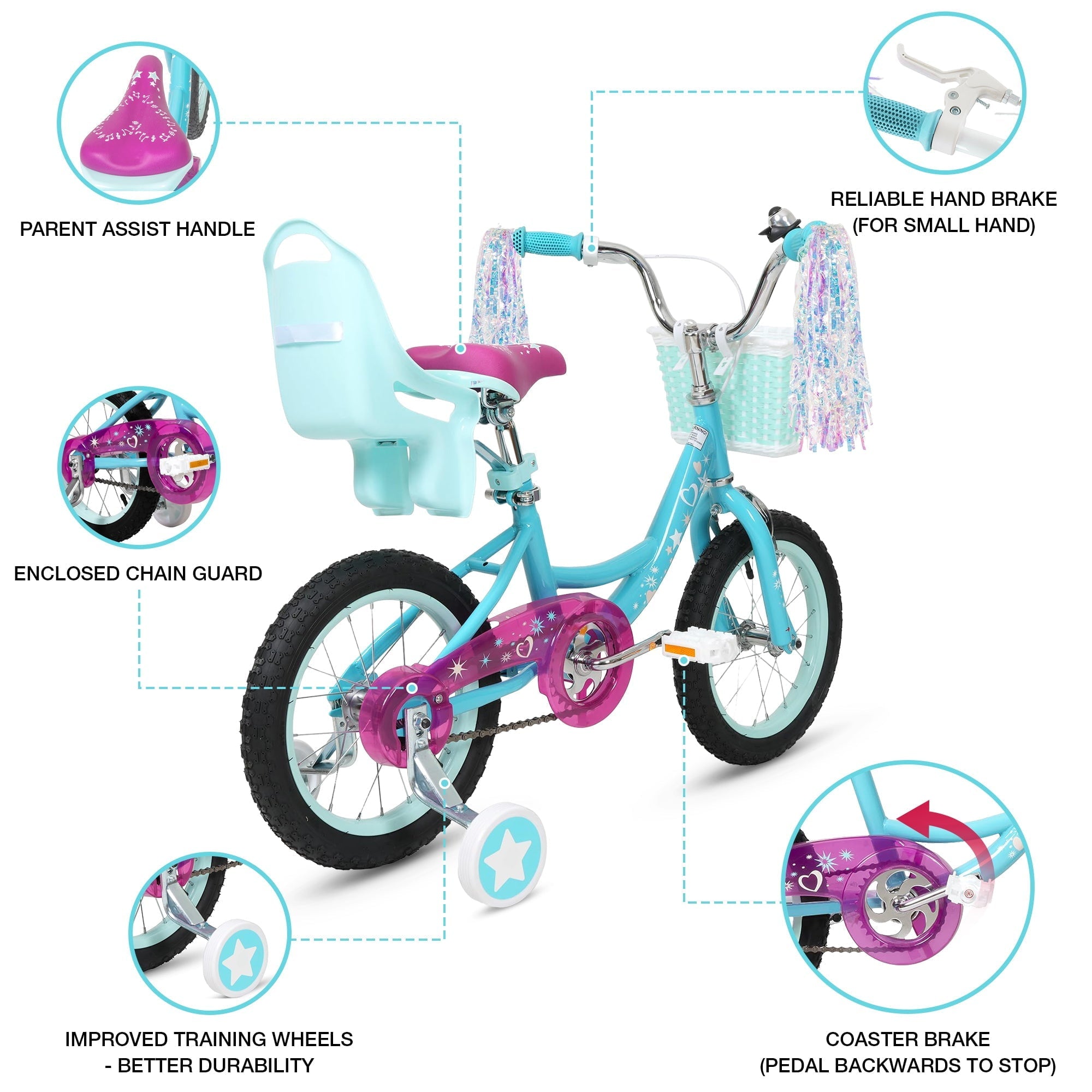 Hykolity 14 inch Girls Bike Princess Bicycle for Age 3-5 Years Old Rider Height 35-47 inch includes Training Wheel Basket Doll Seat Aqua Blue