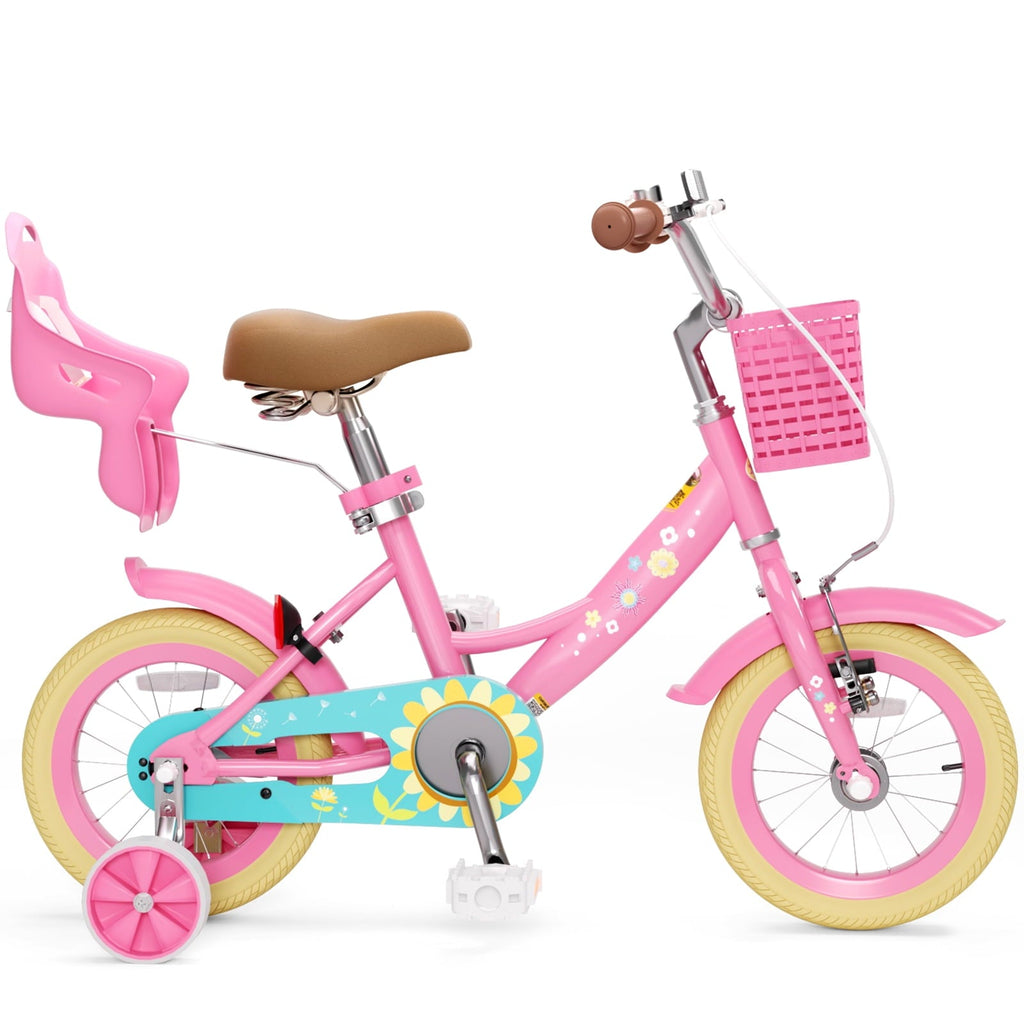 Korimefa Girls Bike for 3-9 Years Old Kids, 12 14 16 inch Kids Bike with Training Wheels, Basket and Doll Seat, Children Bicycles with Handbrake, Pink