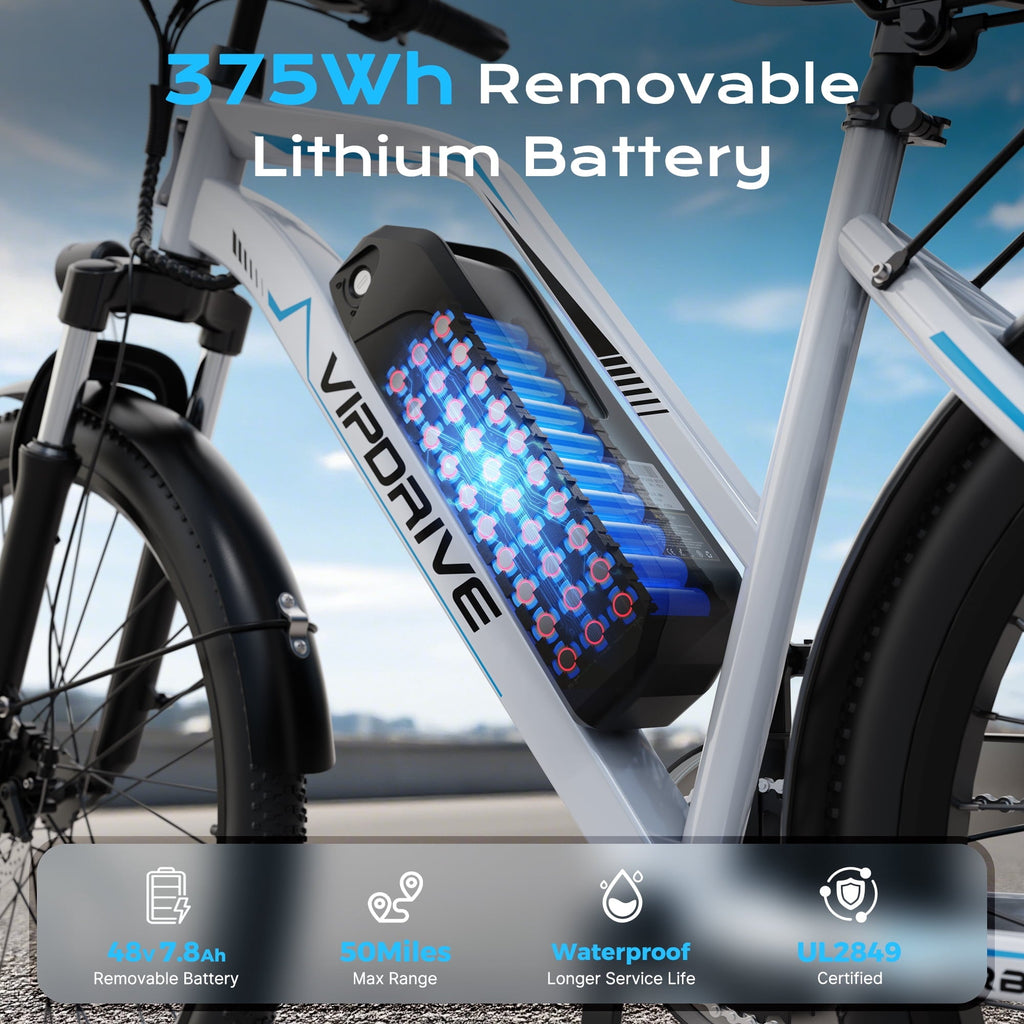 VIPDRIVE 26 Electric Bicycle for Adults & Women, Peak 750W Motor E-Bikes, 48V 7.8Ah Battery, 7-Speed, City Cruiser E-Bike, LCD Display, 50 Mi Range（UL2849）