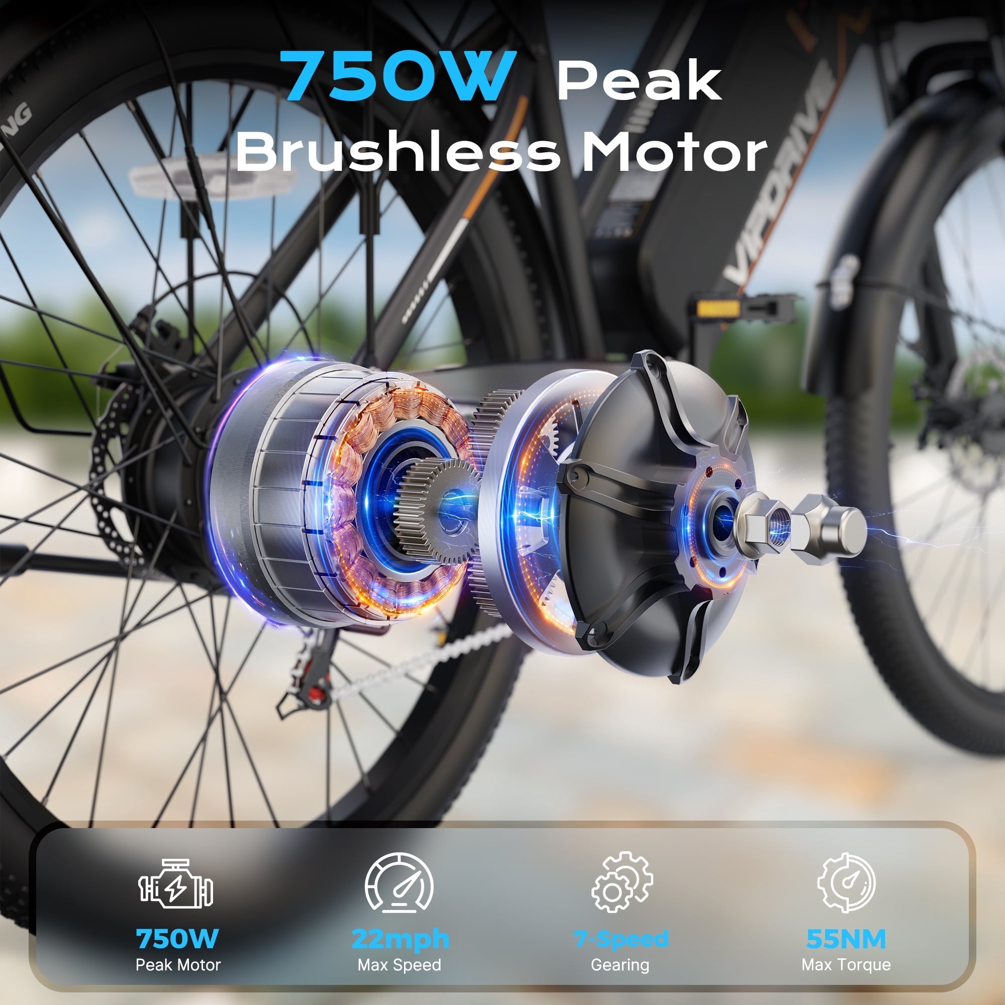 VIPDRIVE 26 Electric Bicycle for Adults & Women, Peak 750W Motor E-Bikes, 48V 7.8Ah Battery, 7-Speed, City Cruiser E-Bike, LCD Display, 50 Mi Range（UL2849）