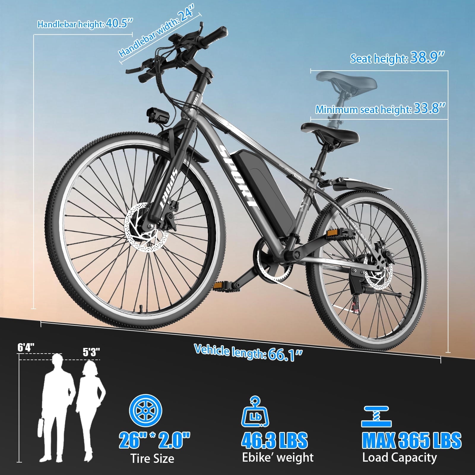 1500W Peak 750W Electric Bicycle 48V 15Ah,26'' Mountain Ebike 30MPH 65Miles Range,Removable Battery Adult Electric Bike UL2849