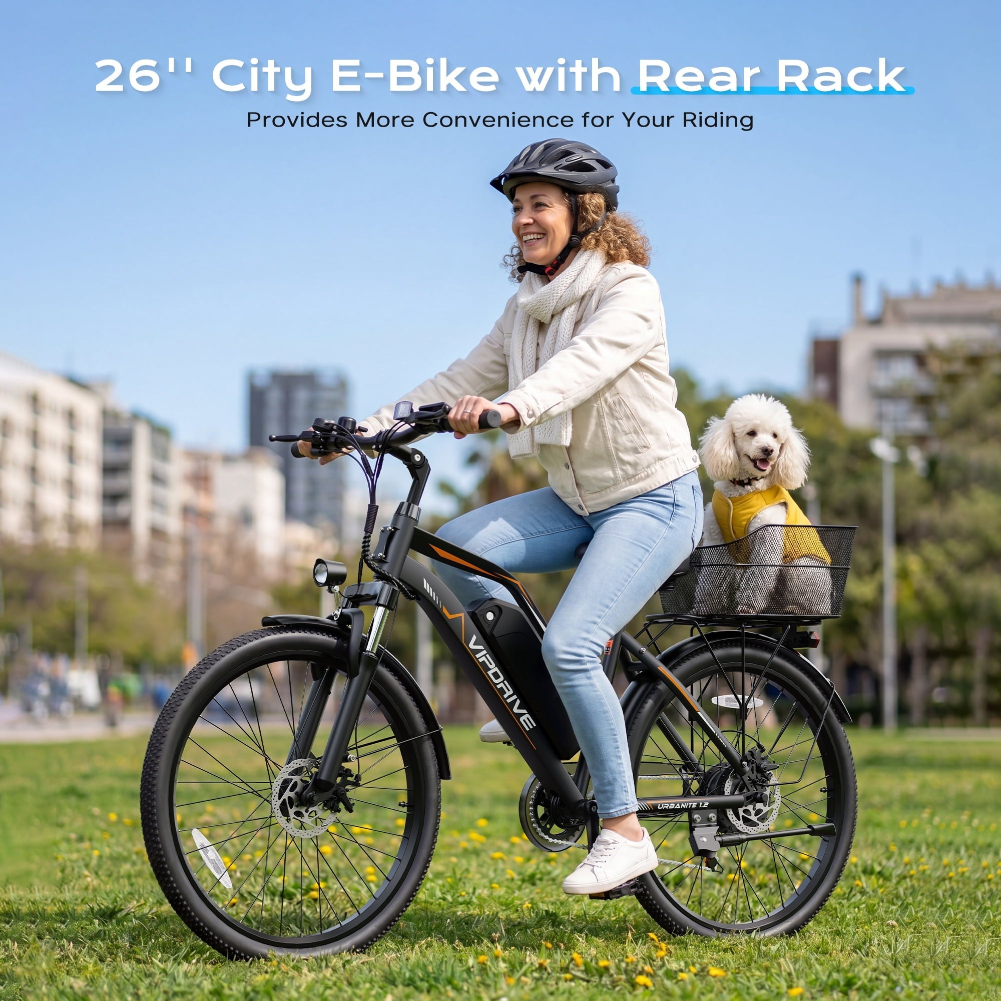 VIPDRIVE 26 Electric Bicycle for Adults & Women, Peak 750W Motor E-Bikes, 48V 7.8Ah Battery, 7-Speed, City Cruiser E-Bike, LCD Display, 50 Mi Range（UL2849）