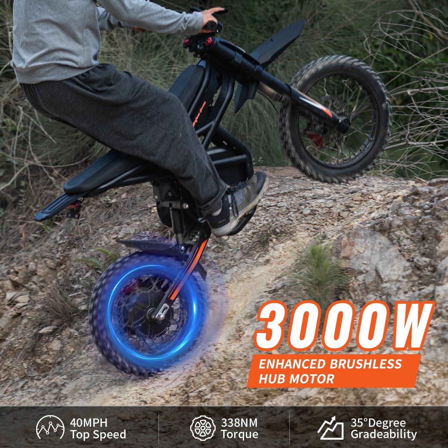 Riding'times GT54 PRO Electric Dirt Bike for Teens Adults,60V 25AH 40MPH Ebike with 14/12 Motorcycle Tire,3000W Dual Hydraulic Brakes Mountain Off-Road Dirtbike