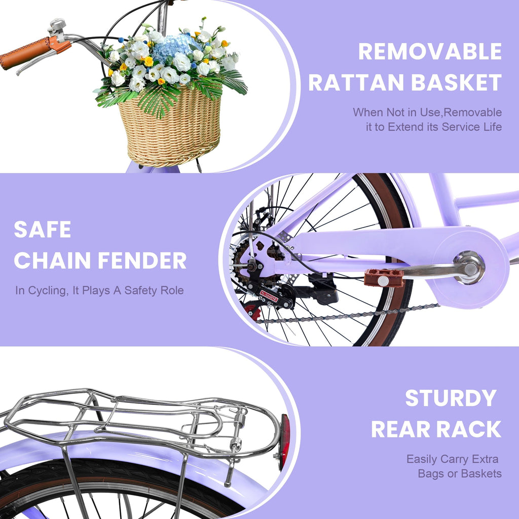 24 Beach Cruisers for Women, Pipleo Bikes for Women with Rattan Basket, 7-Speed & Step-Through Frame