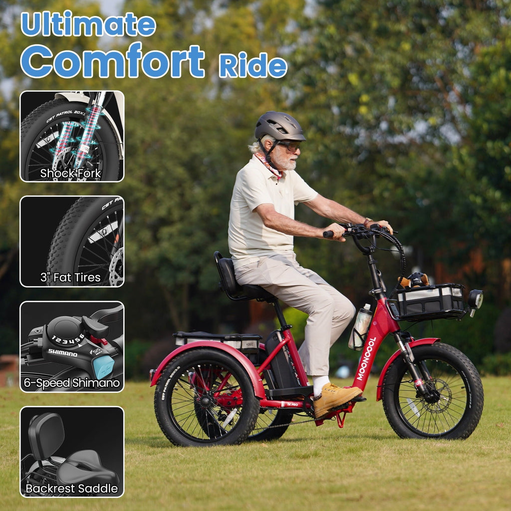 MOONCOOL TK Pro Foldable Electric Tricycle W/ Rearview mirror accessory Kit, 1500W Motor 48V 20Ah Battery, 20 Fat Tire Three Wheel 6-Speed Electric Mountain Bicycle for Adults