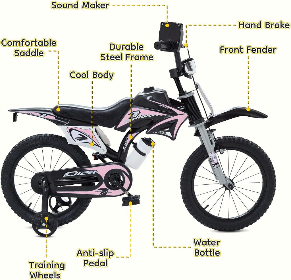 NEORIVER 16 Inch Motocross Style Kids Bike – Training Wheels, Sound Horn, Number Plate & Dashboard Included – Easy Assembly – Ages 3-12 Boys Girls