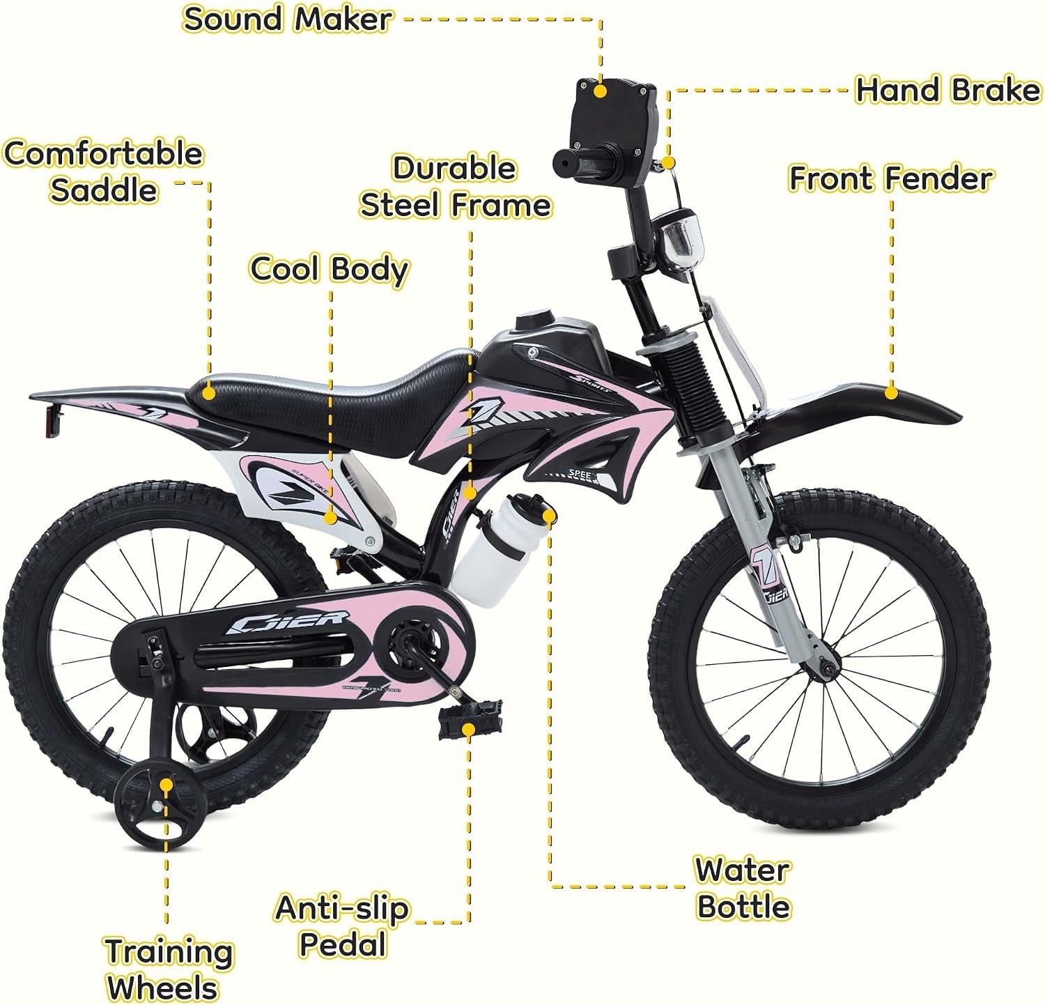NEORIVER 12 Inch Motocross Style Kids Bike – Training Wheels, Sound Horn, Number Plate & Dashboard Included – Easy Assembly – Ages 3-12 Boys Girls