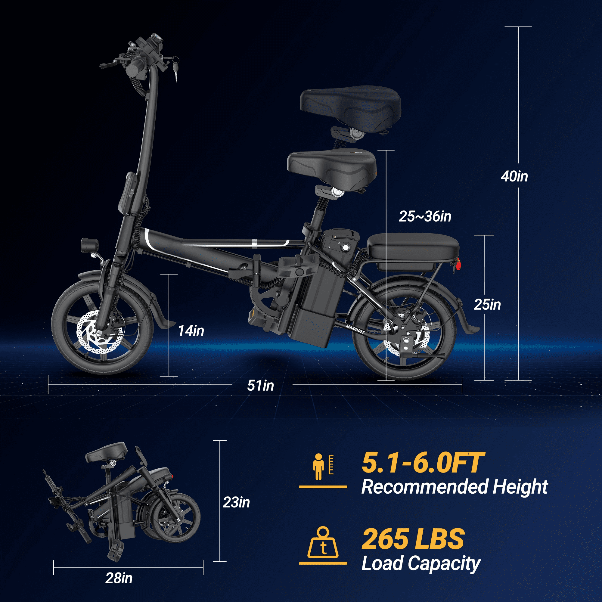 Electric Bike Black 500W 48V 15.6Ah , 14' Mini Ebike for City Commuter, Folding Electric Bicycle for Adult with Two Seats UL2849