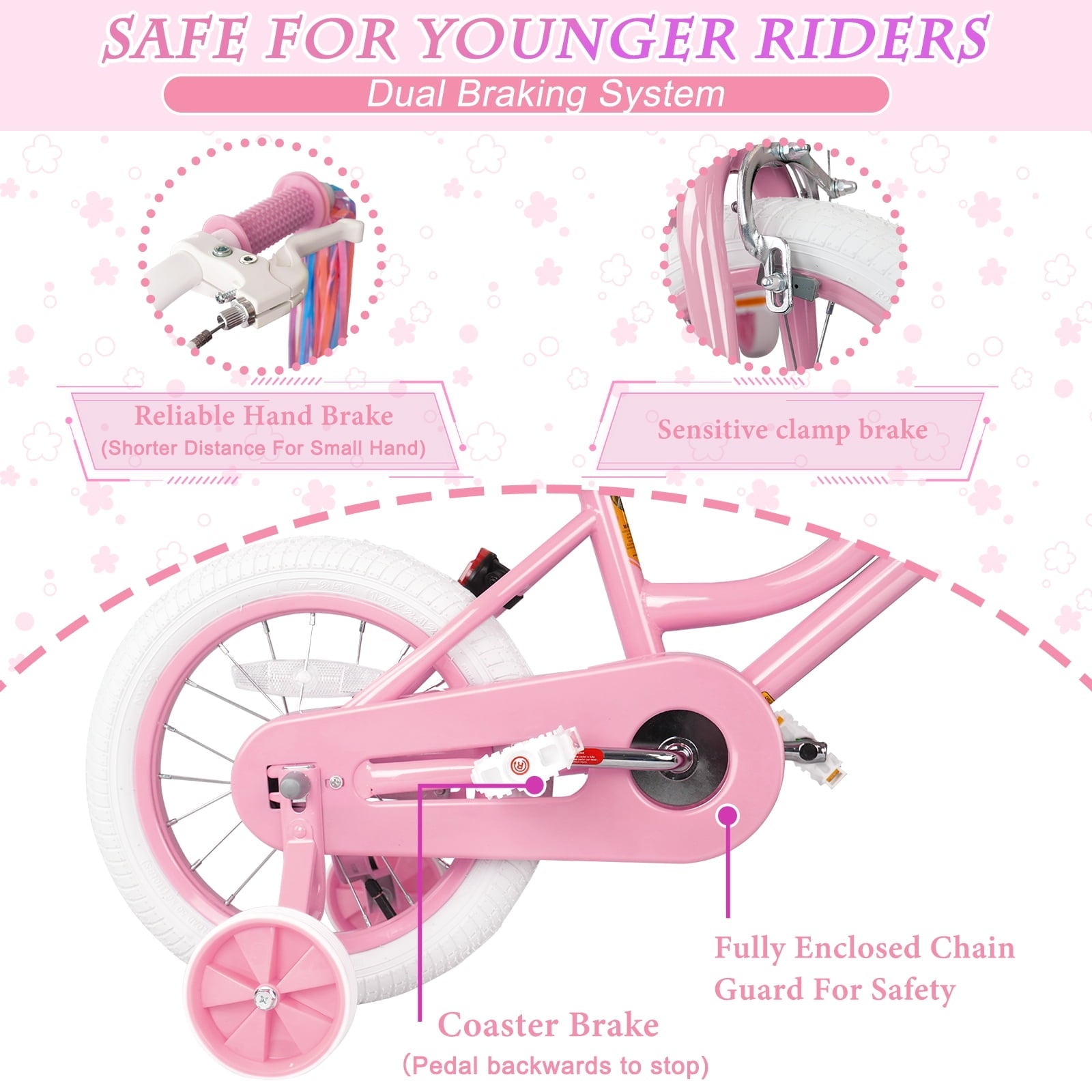 XJD Girls Bike for Toddlers 3-9 Years Old Kids, 16 Inch Kids Bike with Training Wheels, Streamers, Basket and Doll Seat, Children Bicycles with Handbrake