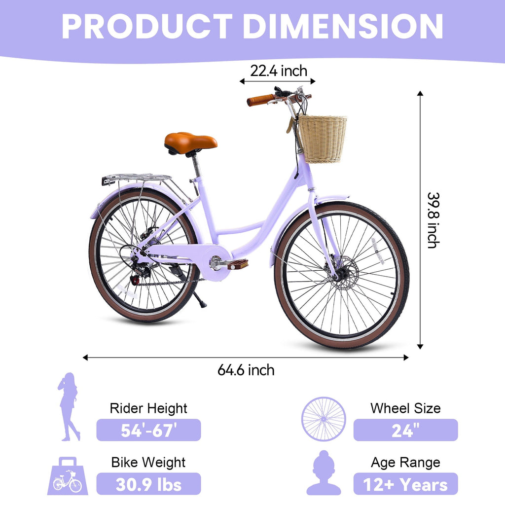 24 Beach Cruisers for Women, Pipleo Bikes for Women with Rattan Basket, 7-Speed & Step-Through Frame