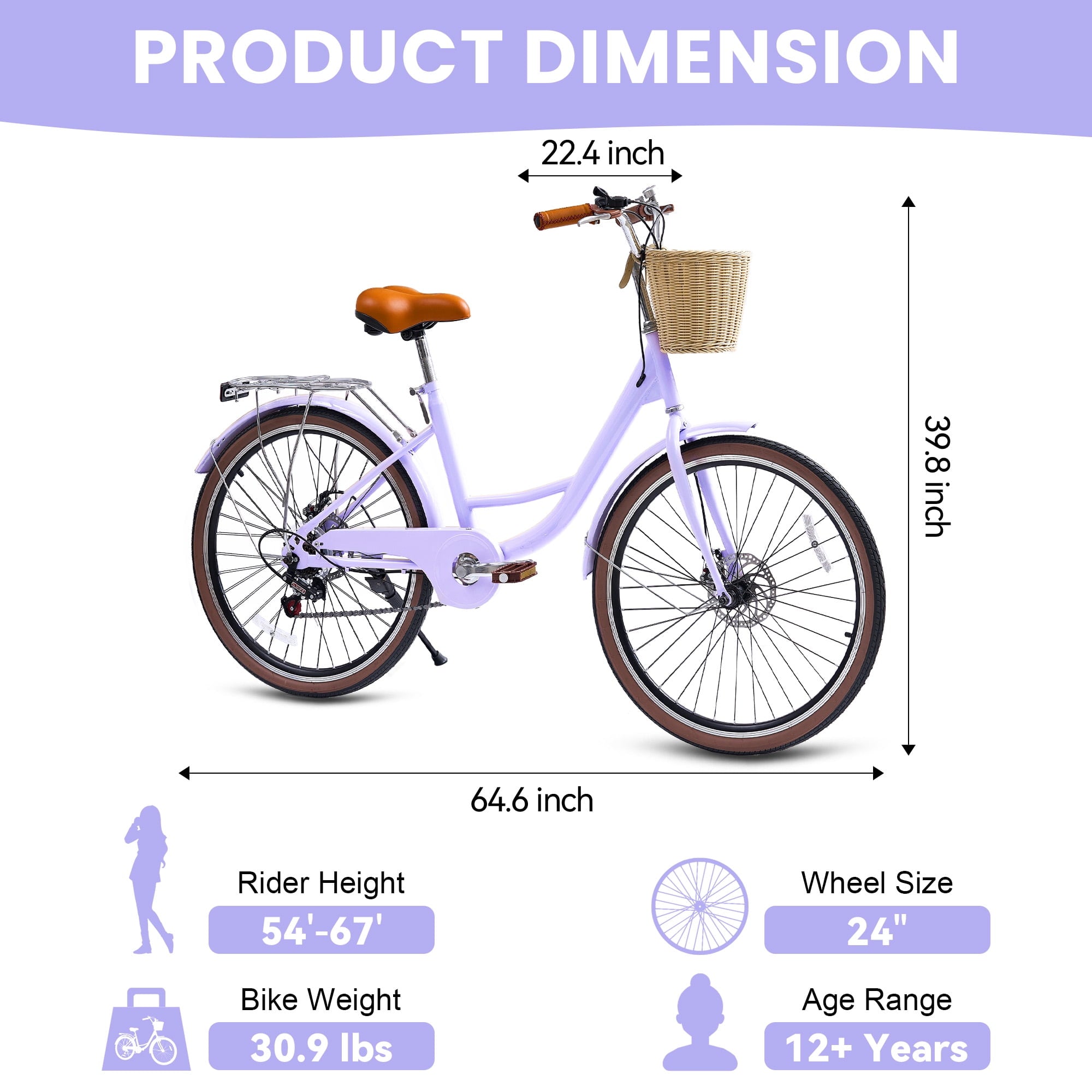 24 Beach Cruisers for Women, Pipleo Bikes for Women with Rattan Basket, 7-Speed & Step-Through Frame